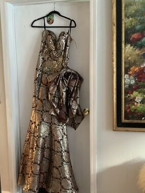 Metallic Gold and Bronze Sequin Strapless Gown